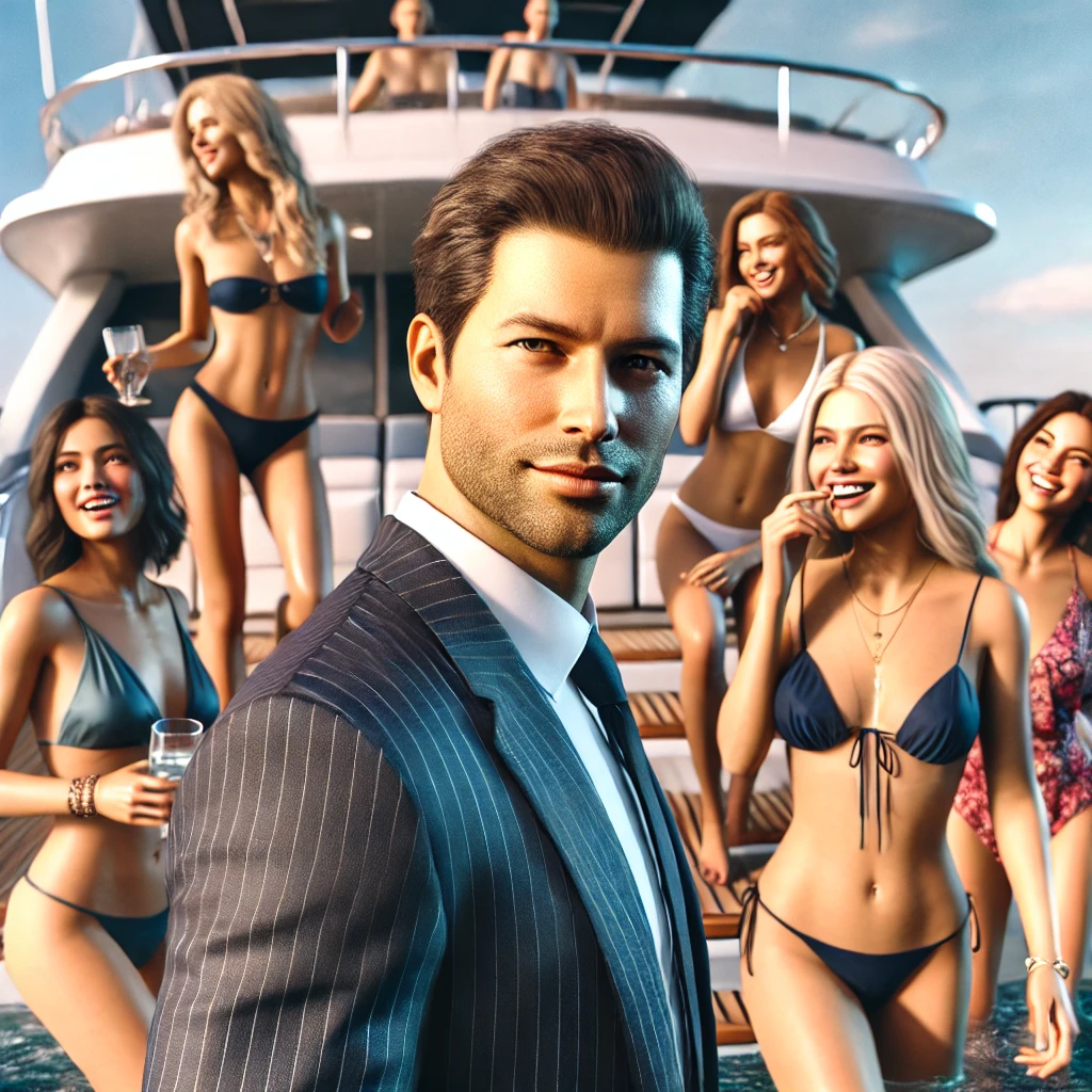 A man on a yacht with many girls